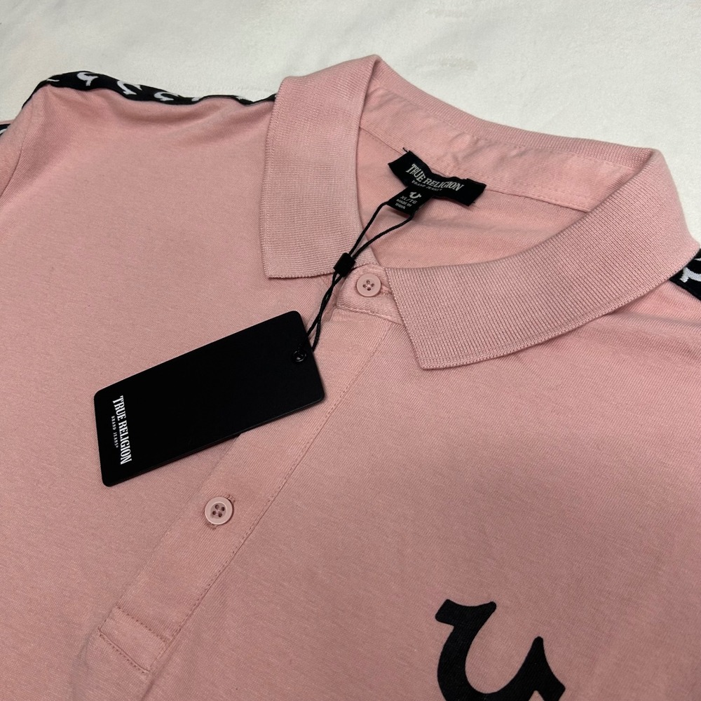 True Religion Mens Relaxed Polo Shirt Dull Pink Logo Trim XL NWT